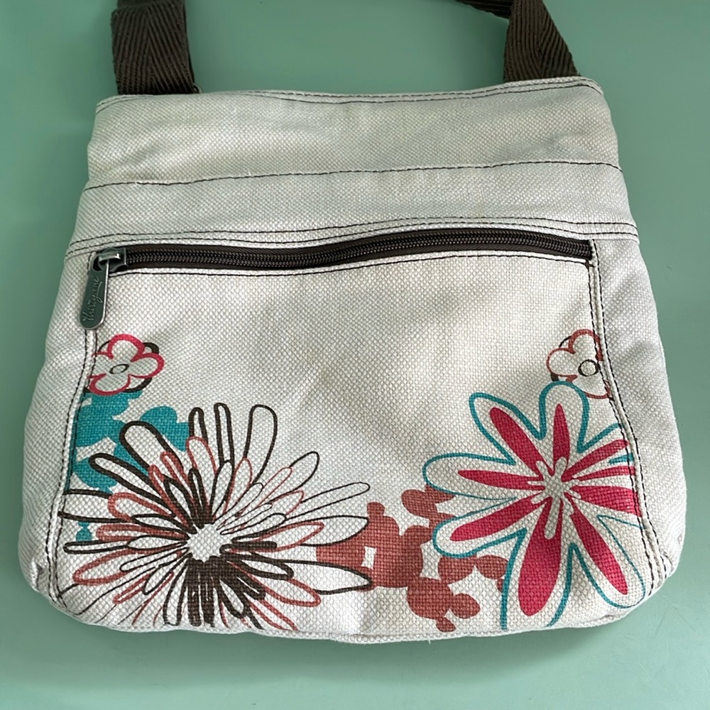 Thirty-One Soft Crossbody Natural Fabric with Floral Design on Front